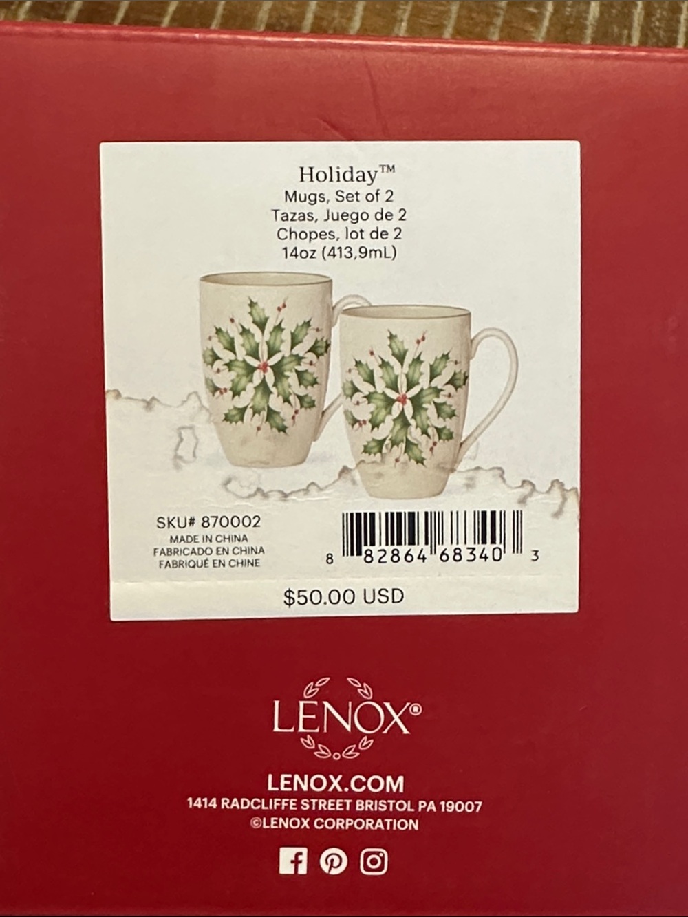 Lenox Holiday Cream Mugs with Green Holly and Red Berry Accents - Set of 2 - Picture 2 of 16